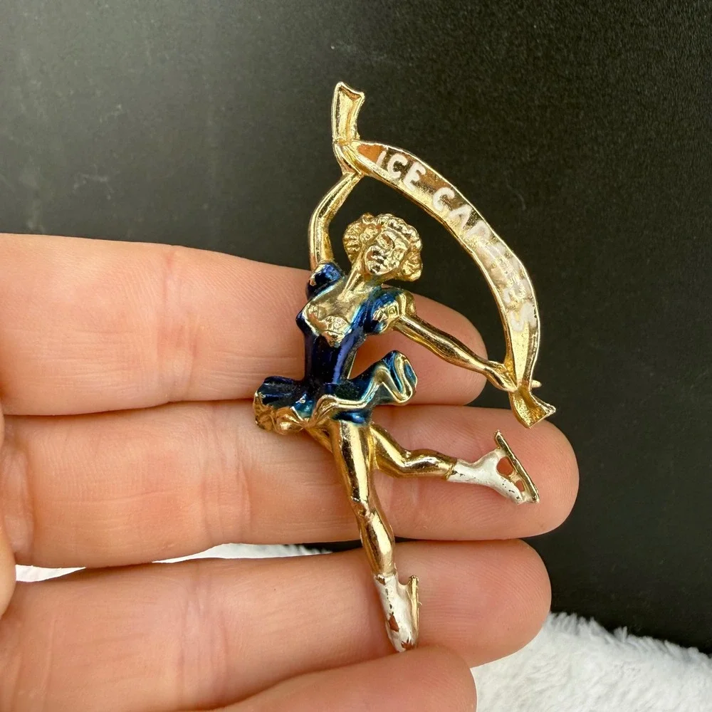 Vintage Ice Capades Brooch Gold Blue Enamel Figure Skater Banner Pin